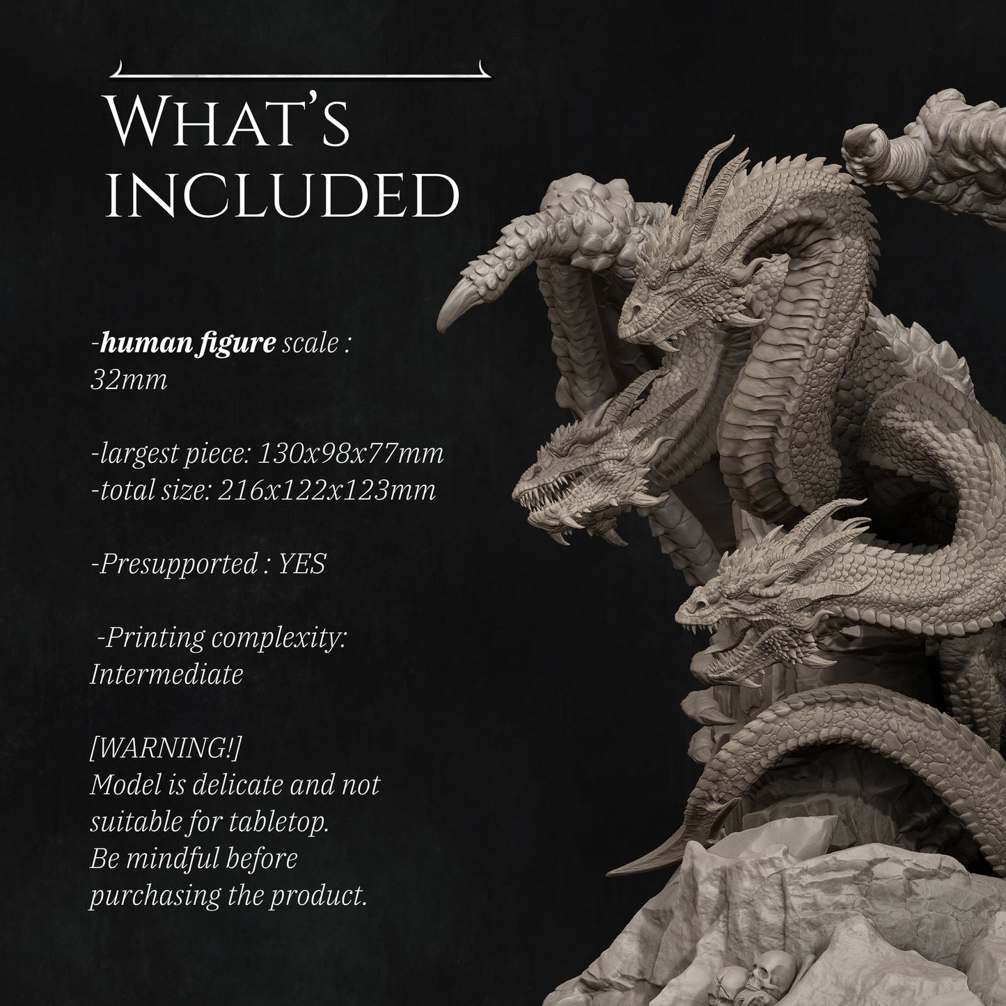 Zmei, the Three-Headed Dragon | 32mm & 140mm | 3D Printed Figure | Art Piece | Nerikson | Nerdy Creations