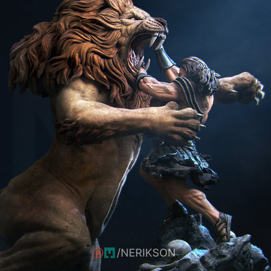 Heracles & the Nemean Lion | 32mm–140mm | 3D Printed Diorama Set | Art Piece | Nerikson | Nerdy Creations