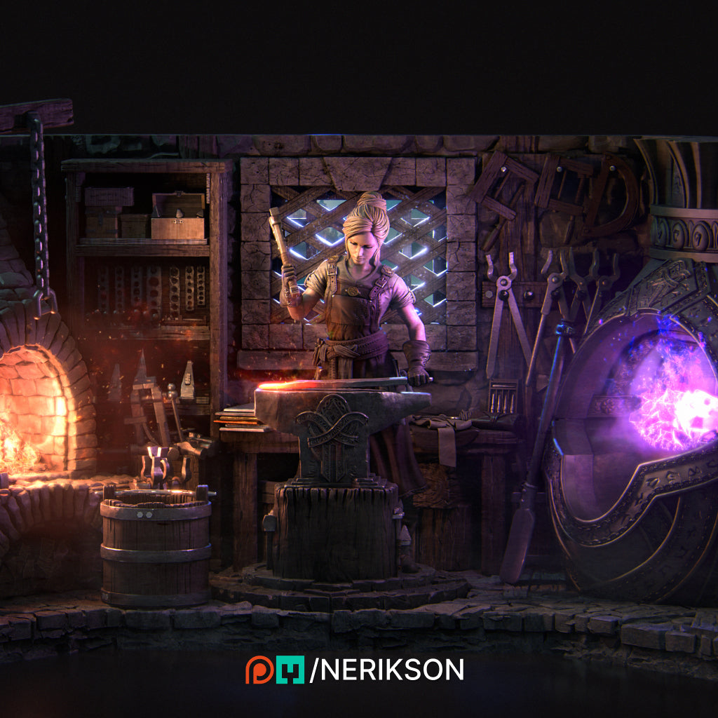 Lara the Blacksmith | 75mm | 3D Printed Diorama Set | Art Piece | Nerikson | Nerdy Creations
