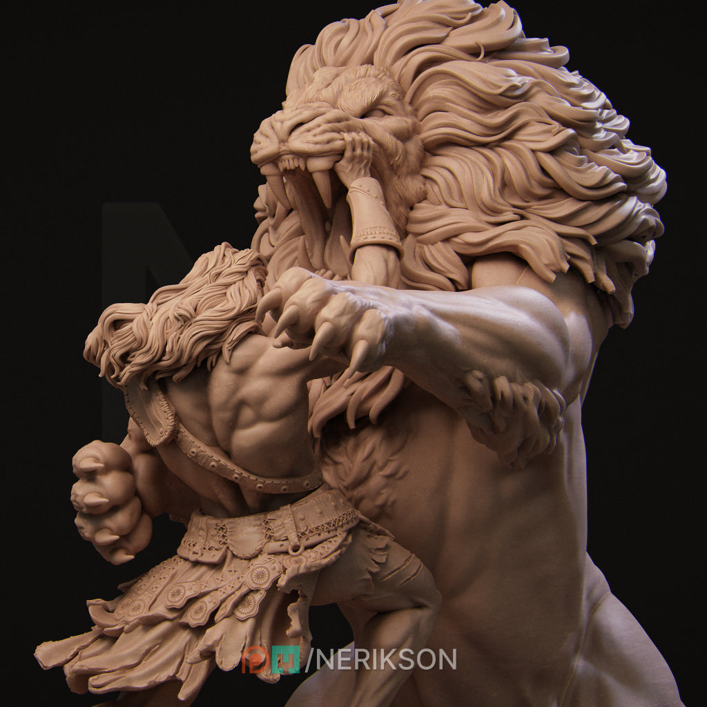 Heracles & the Nemean Lion | 32mm–140mm | 3D Printed Diorama Set | Art Piece | Nerikson | Nerdy Creations