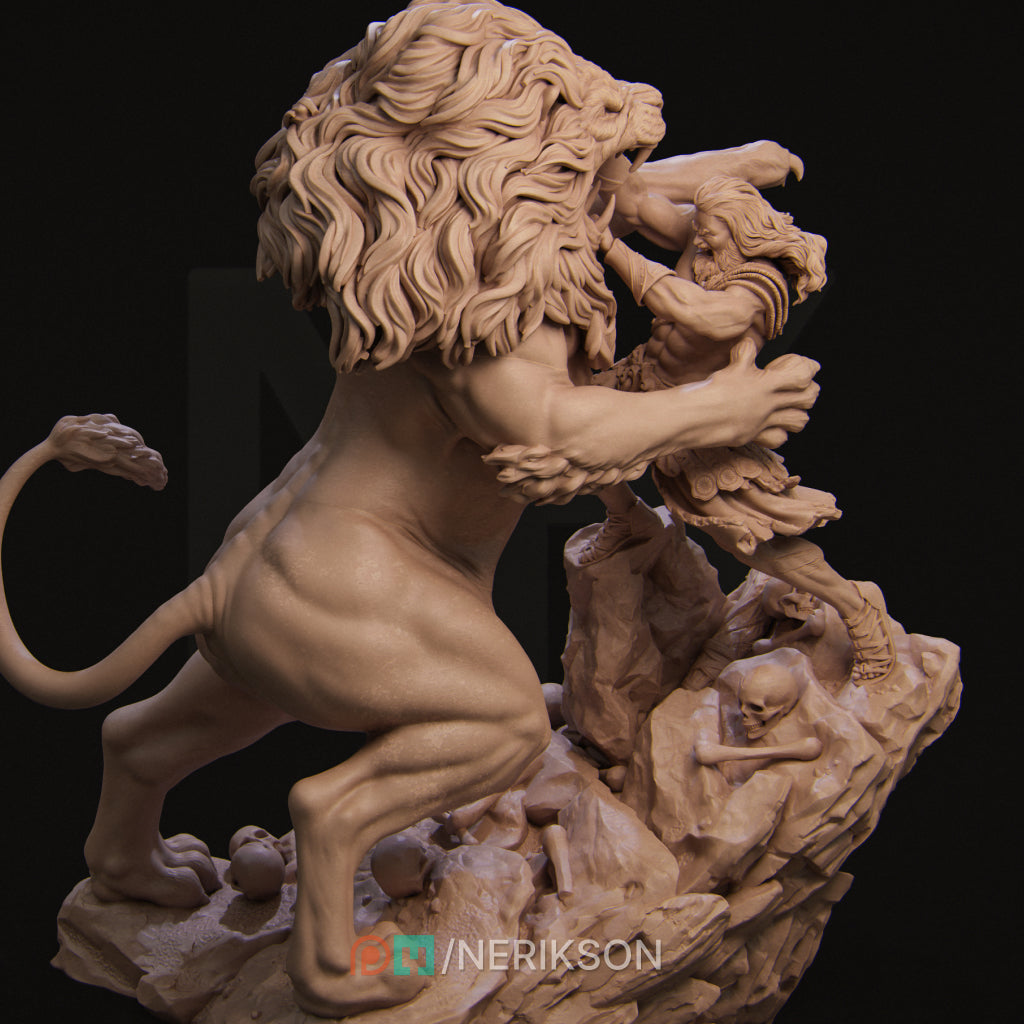 Heracles & the Nemean Lion | 32mm–140mm | 3D Printed Diorama Set | Art Piece | Nerikson | Nerdy Creations