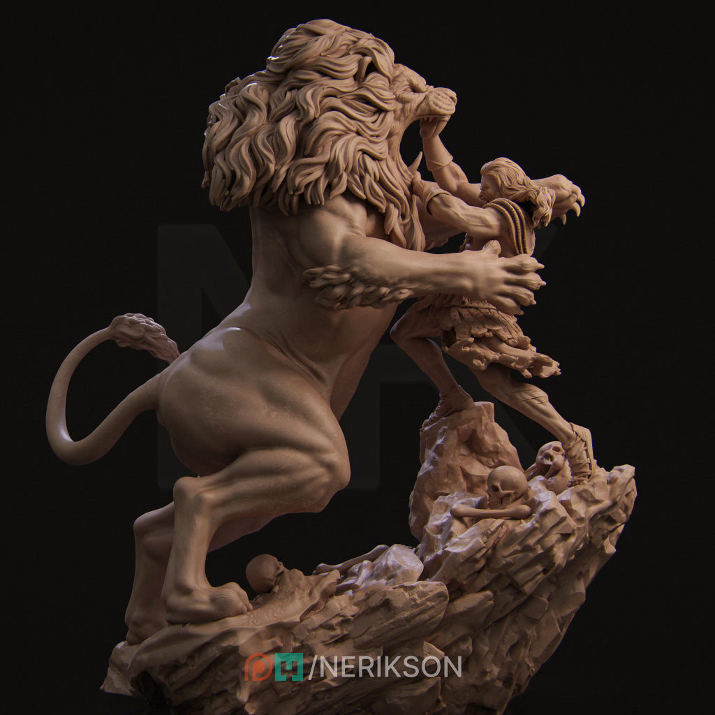 Heracles & the Nemean Lion | 32mm–140mm | 3D Printed Diorama Set | Art Piece | Nerikson | Nerdy Creations