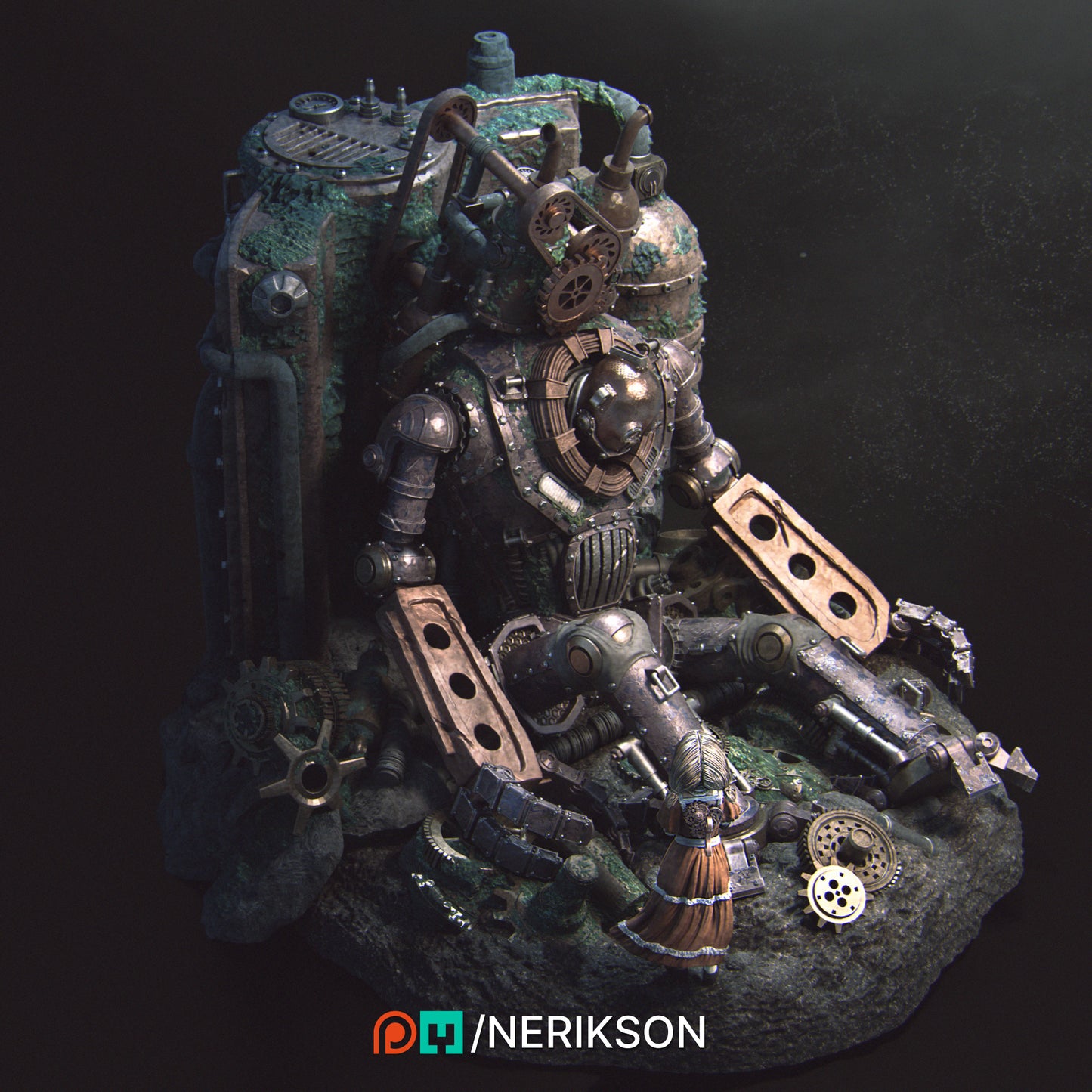 The Abandoned Robot | 32mm & 60mm | 3D Printed Diorama Set | Art Piece | Nerikson | Nerdy Creations