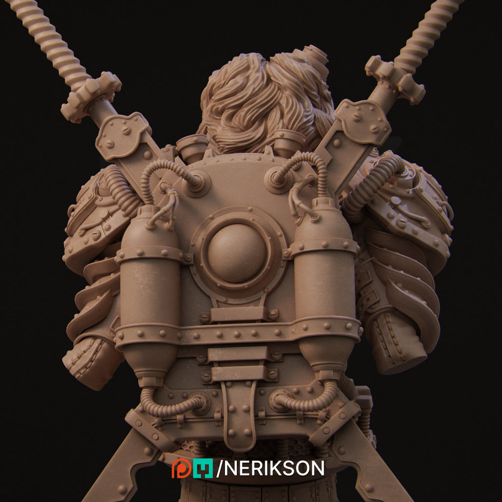 Naojiri Steampunk Samurai (no helmet) | 140mm | 3D Printed Bust | Art Piece | Nerikson | Nerdy Creations