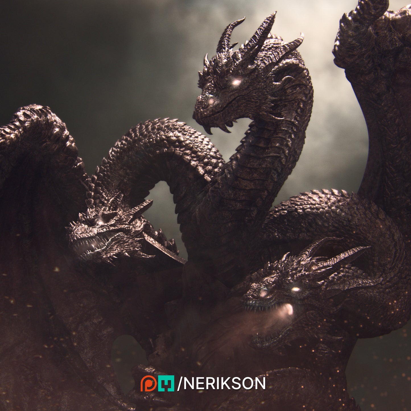 Zmei, the Three-Headed Dragon | 32mm & 140mm | 3D Printed Figure | Art Piece | Nerikson | Nerdy Creations