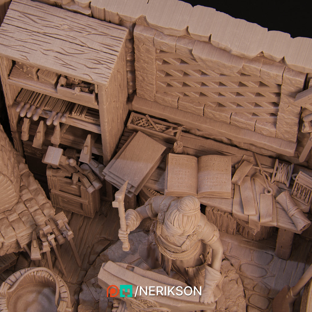 Lara the Blacksmith | 75mm | 3D Printed Diorama Set | Art Piece | Nerikson | Nerdy Creations