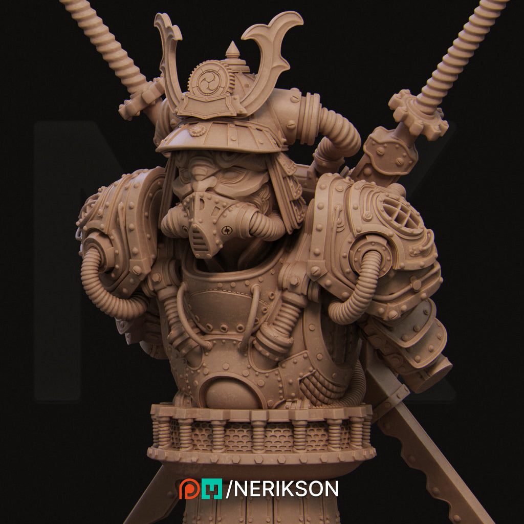 Naojiri Steampunk Samurai (with helmet) | 140mm | 3D Printed Bust | Art Piece | Nerikson | Nerdy Creations