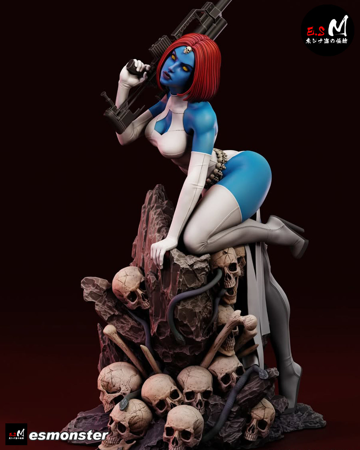 Mystique Base Design 1 (Tall Rock Spire + Skull Pile, Used In The Main Assembled Renders), One-Handed Pistol resin figure
