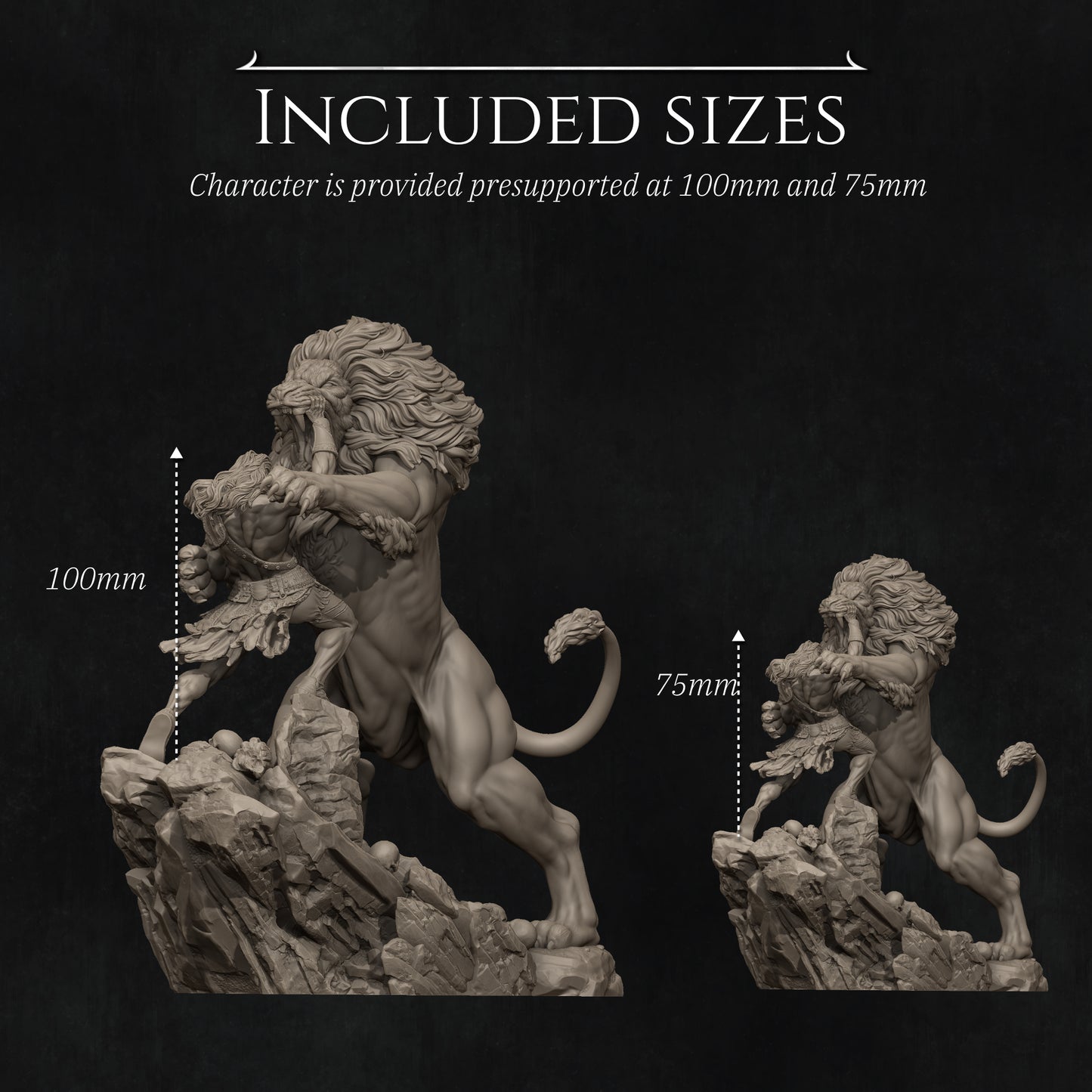 Heracles & the Nemean Lion | 32mm–140mm | 3D Printed Diorama Set | Art Piece | Nerikson | Nerdy Creations